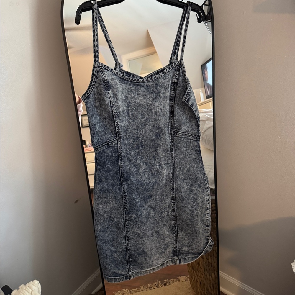 Washed Black Denim Mini Dress with Straps